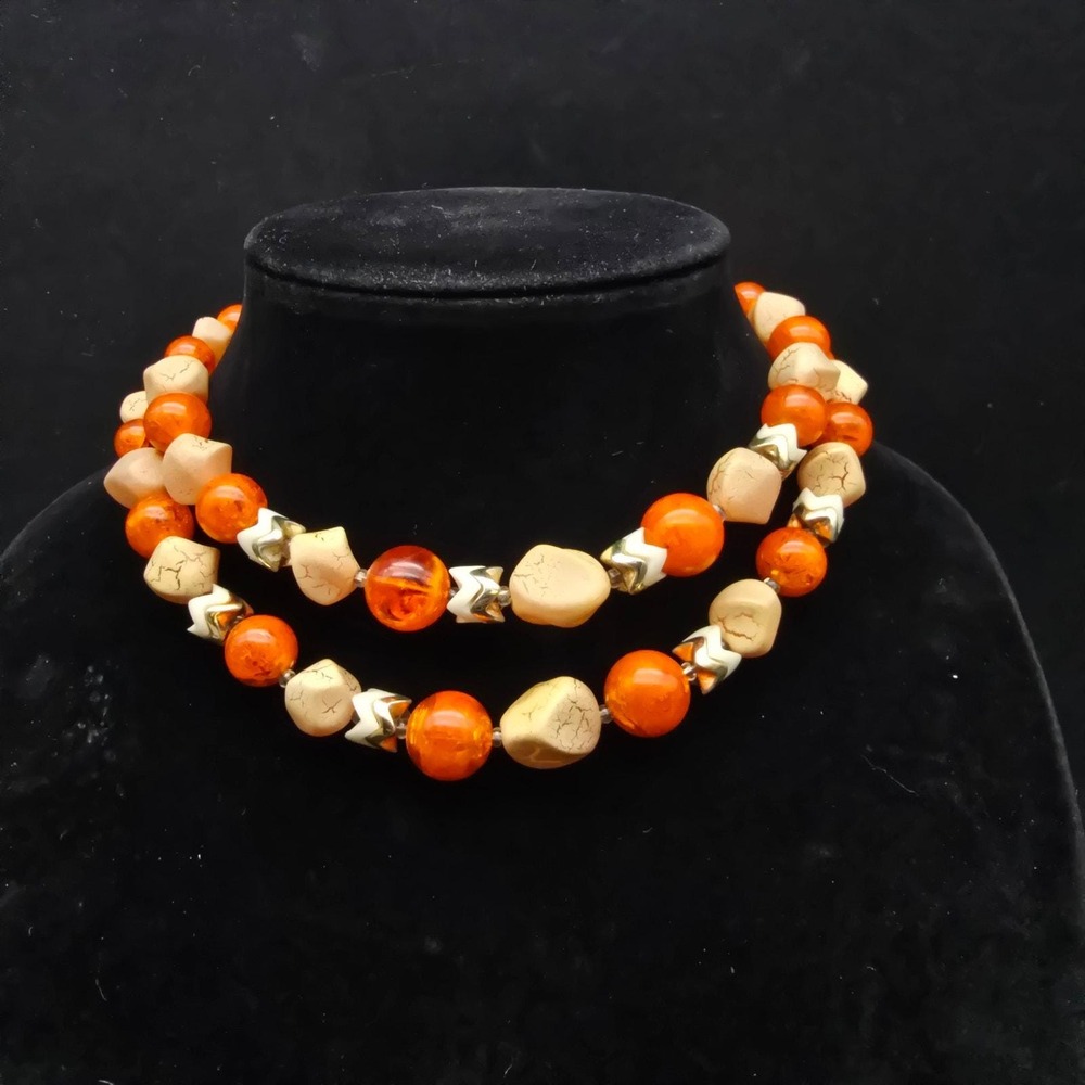 Vintage Orange Beige Beaded Layered Necklace Multi Strand